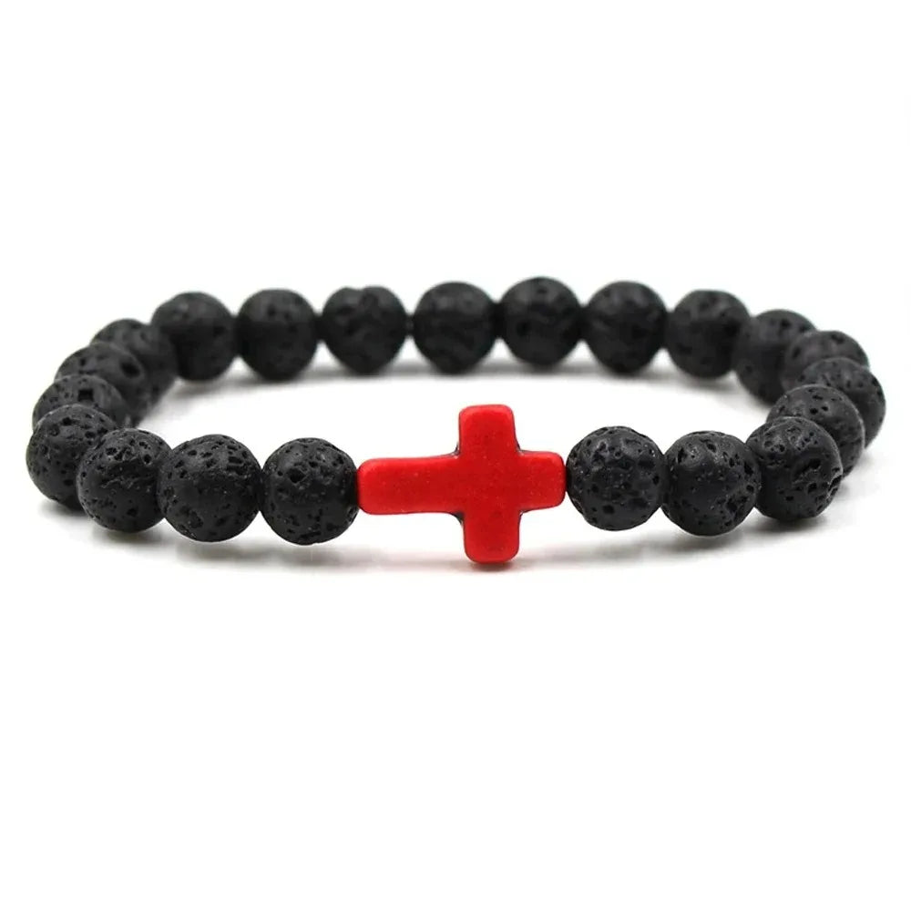 Handmade Natural Stone Cross Black Lava Beaded Strand Bracelet