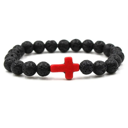Handmade Natural Stone Cross Black Lava Beaded Strand Bracelet