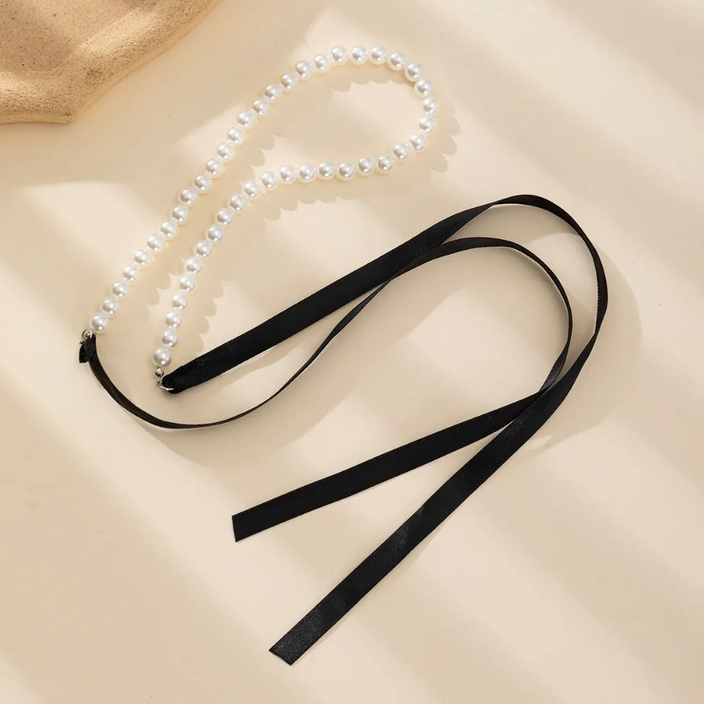 Elegant Adjustable Bow Necklace with Korean Romantic Imitation Pearl Beaded Choker