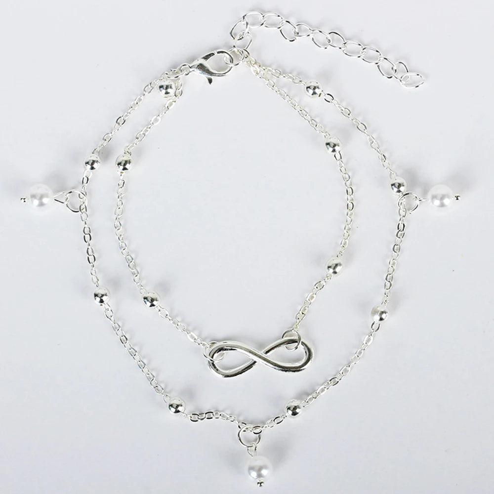 Retro Pearl Heart Infinity Double-Deck Anklet Set