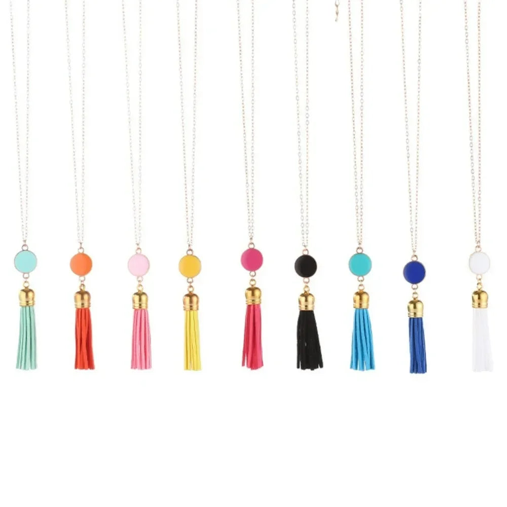 Boho Monogram Acrylic Blank Disc Long Chain Tassel Sweater Necklace