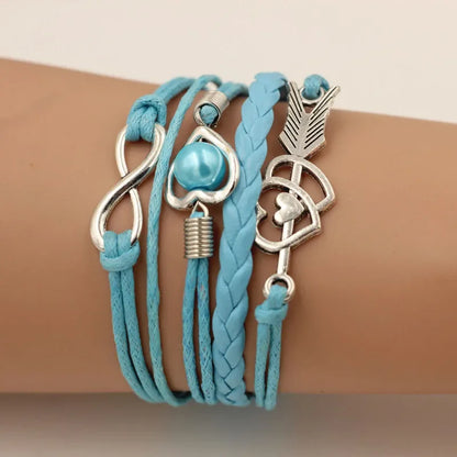 Infinity Love Heart Pearl Friendship Antique Leather Charm Bracelet
