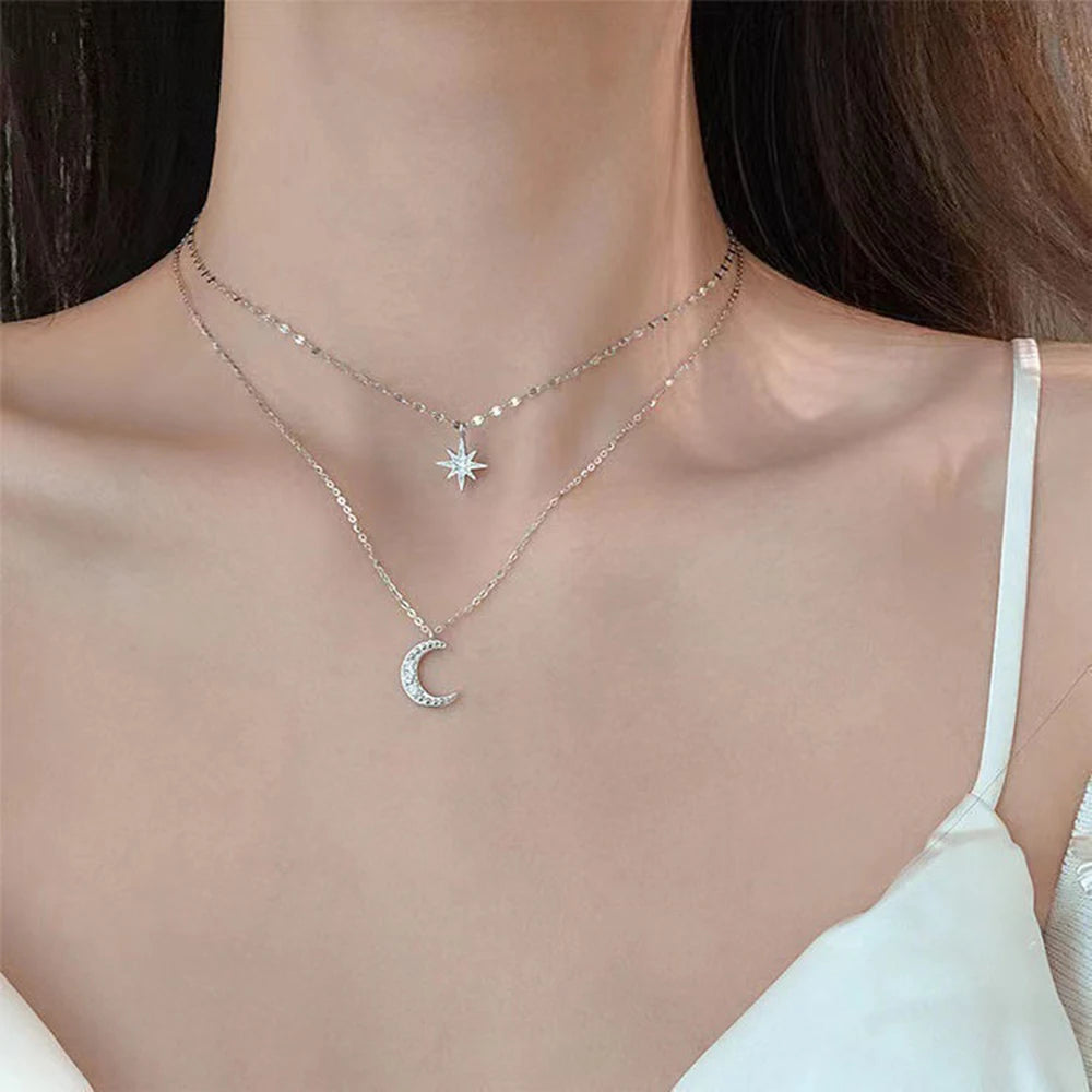 Simple Double Layer Star Moon Charm Necklace