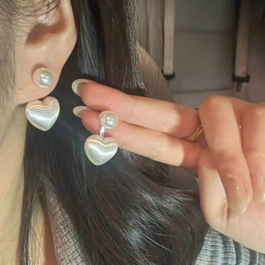 Imitation Pearl Heart Round Stud Earrings