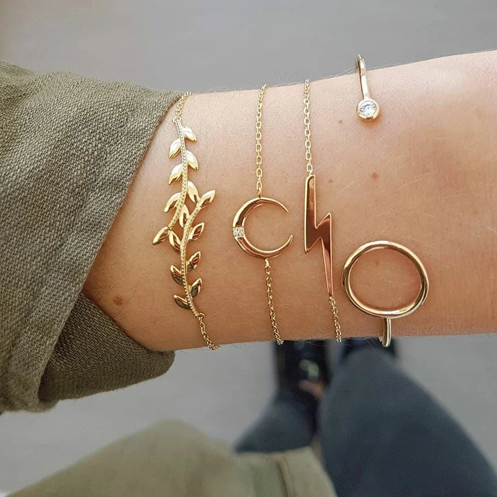5Pcs Punk Chain Moon Leaf Crystal Geometry Open Bracelet Set