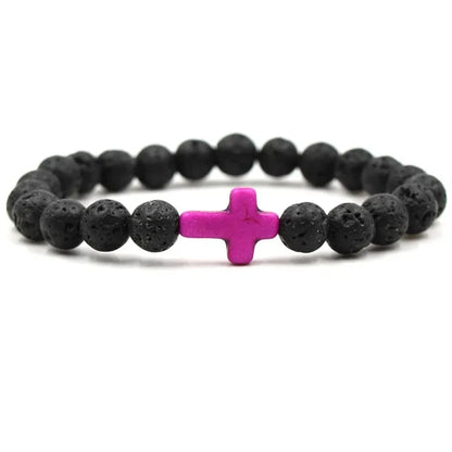 Handmade Natural Stone Cross Black Lava Beaded Strand Bracelet