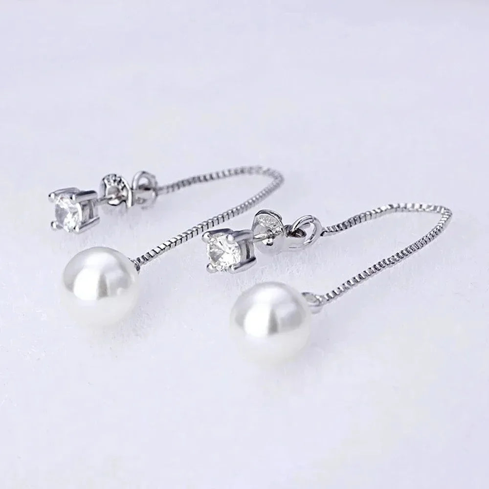 Elegant Silver Color Simulated Pearl Drop Earrings