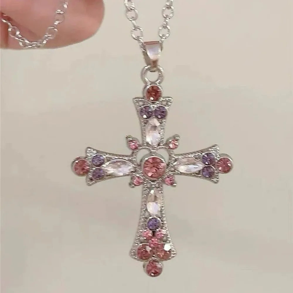Y2k Crystal Pink Zircon Cross Pendant Necklace