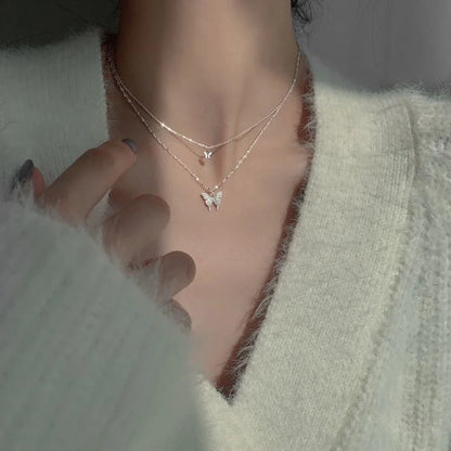 Simple Double Layer Star Moon Charm Necklace