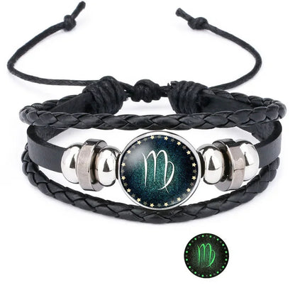 12 Constellation Luminous Leather Charms Bracelet