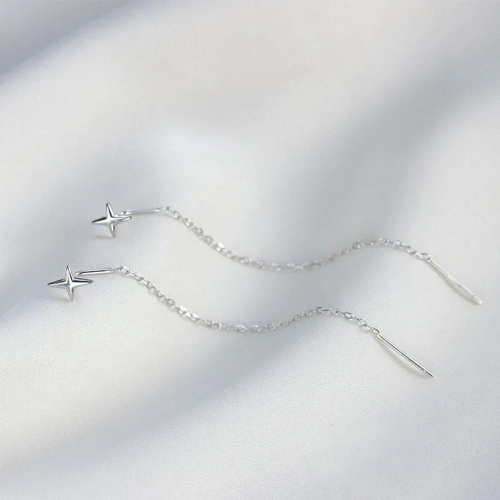 Long Wire Tassel Thread Chain Star & Heart Beads Drop Earrings