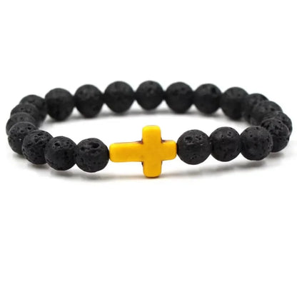 Handmade Natural Stone Cross Black Lava Beaded Strand Bracelet