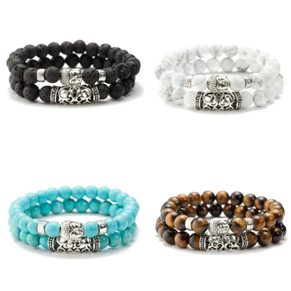 2pcs/Set Black Lava Stone Prayer Beads Buddha Men Bead Bracelet