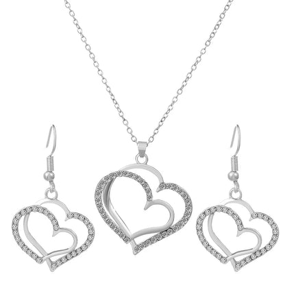 Exquisite Double Heart Necklace Earrings Jewelry Set