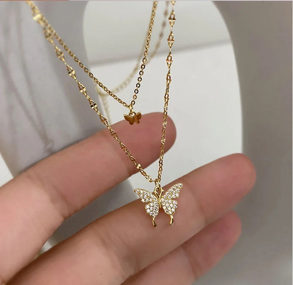 Simple Double Layer Star Moon Charm Necklace