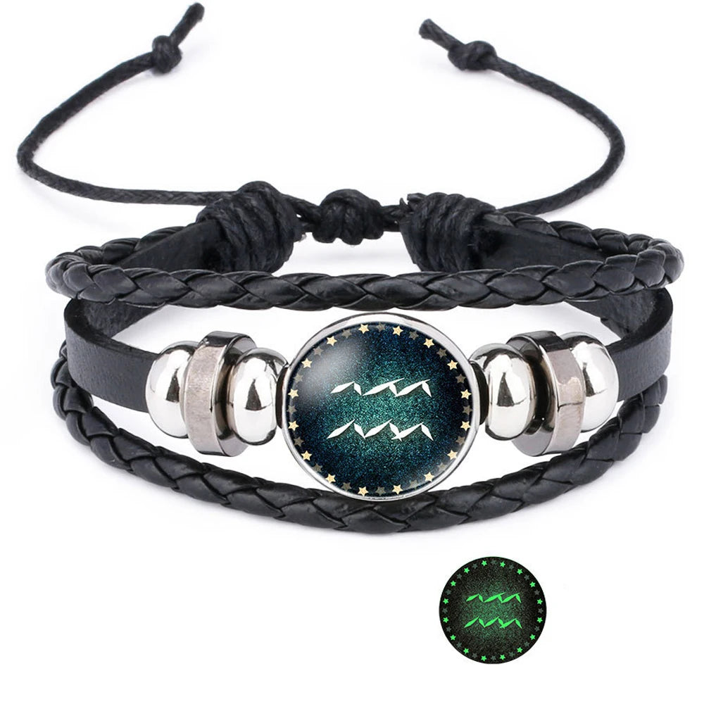 12 Constellation Luminous Leather Charms Bracelet