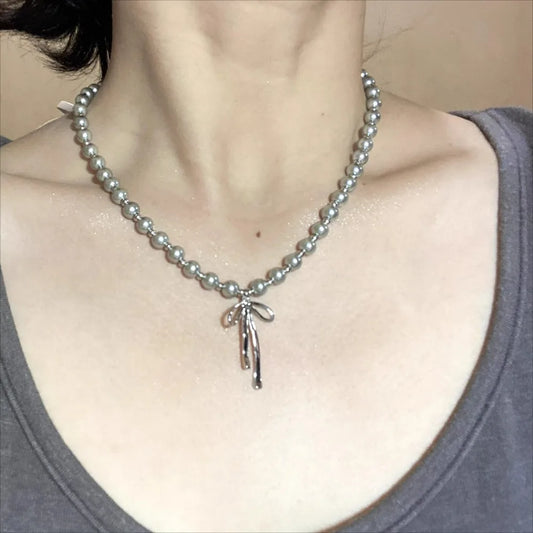 Bowknot Pendant Choker Necklace and Earrings with Gray Pearls Set