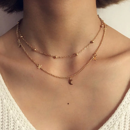 Star & Moon Pendant Clavicle Necklace