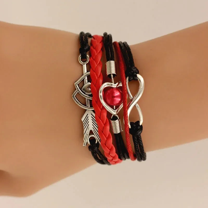 Infinity Love Heart Pearl Friendship Antique Leather Charm Bracelet
