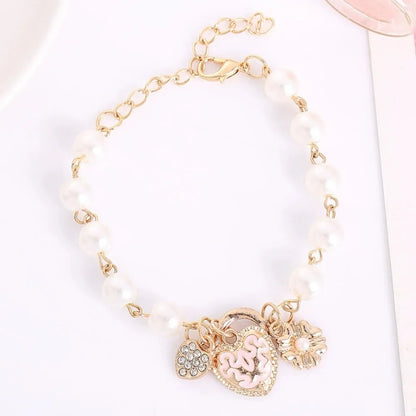 Heart Flower Simulated Pearl Crystal D Letter Beaded Bracelet