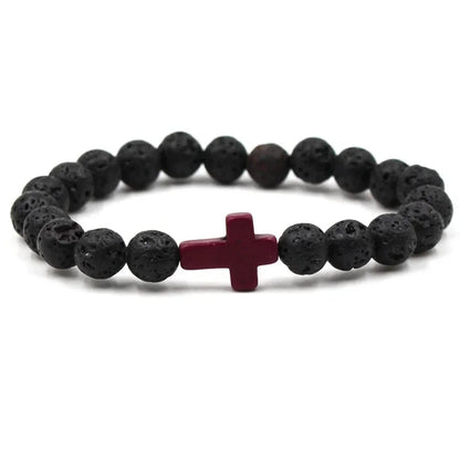 Handmade Natural Stone Cross Black Lava Beaded Strand Bracelet