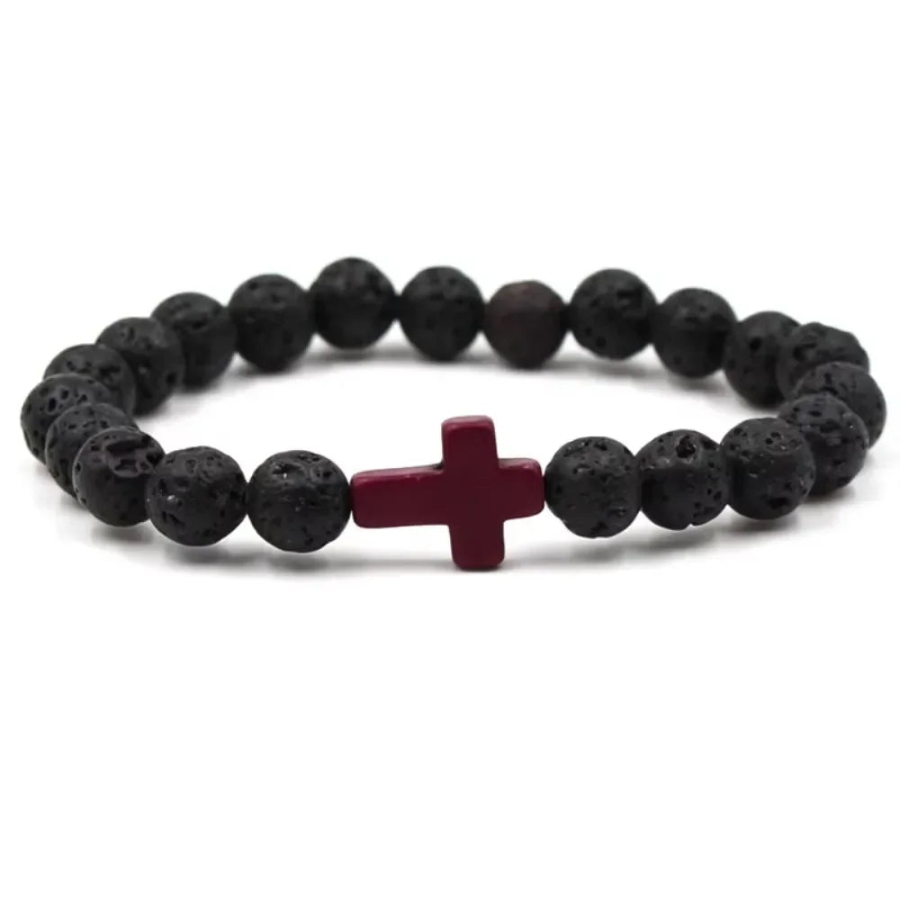 Handmade Natural Stone Cross Black Lava Beaded Strand Bracelet