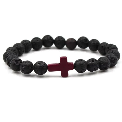 Handmade Natural Stone Cross Black Lava Beaded Strand Bracelet