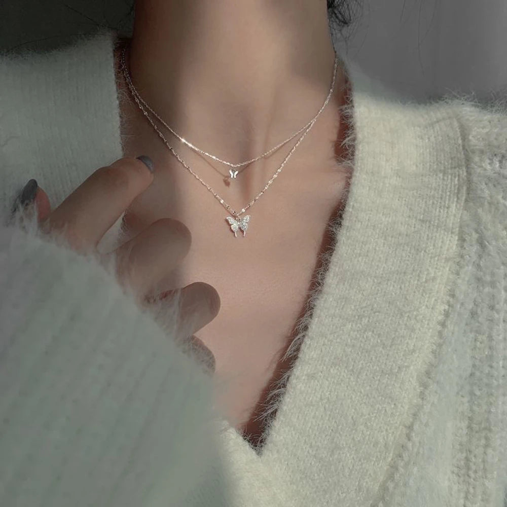 Simple Double Layer Star Moon Charm Necklace