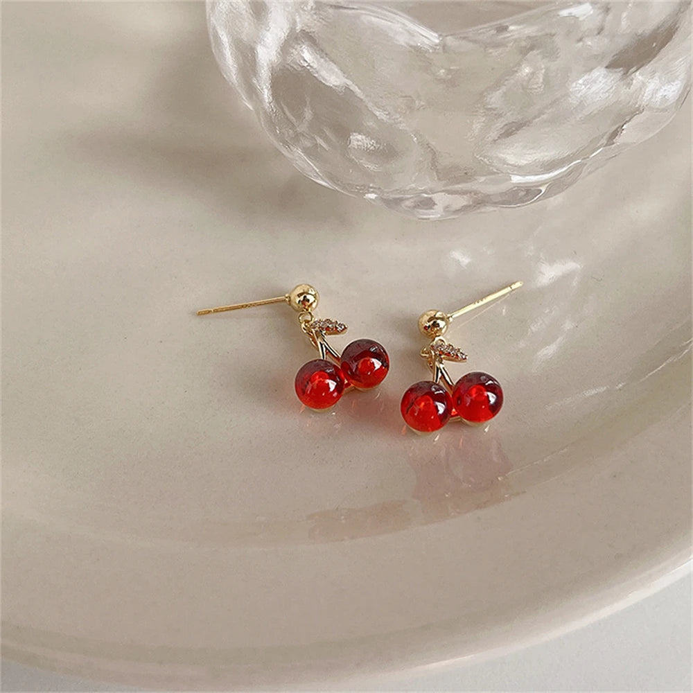 Little Wine Red Cherry Pendant Necklaces And Fruit Golden Drop Earrings Set