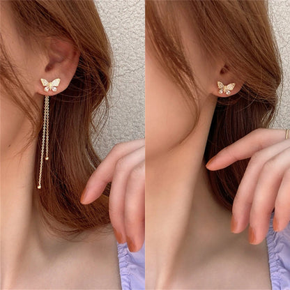 Exquisite Butterfly Long Tassel Rhinestone Earrings