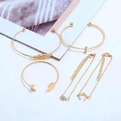 5Pcs Punk Chain Moon Leaf Crystal Geometry Open Bracelet Set