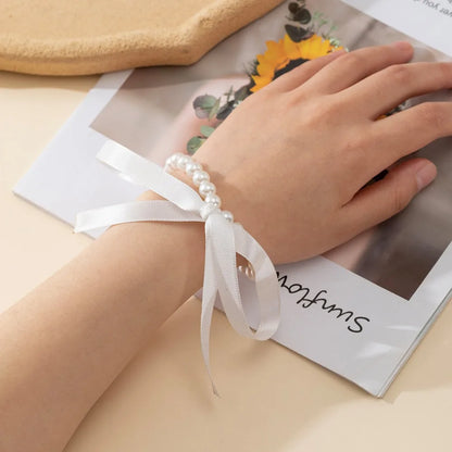 Elegant Adjustable Bow Necklace with Korean Romantic Imitation Pearl Beaded Choker