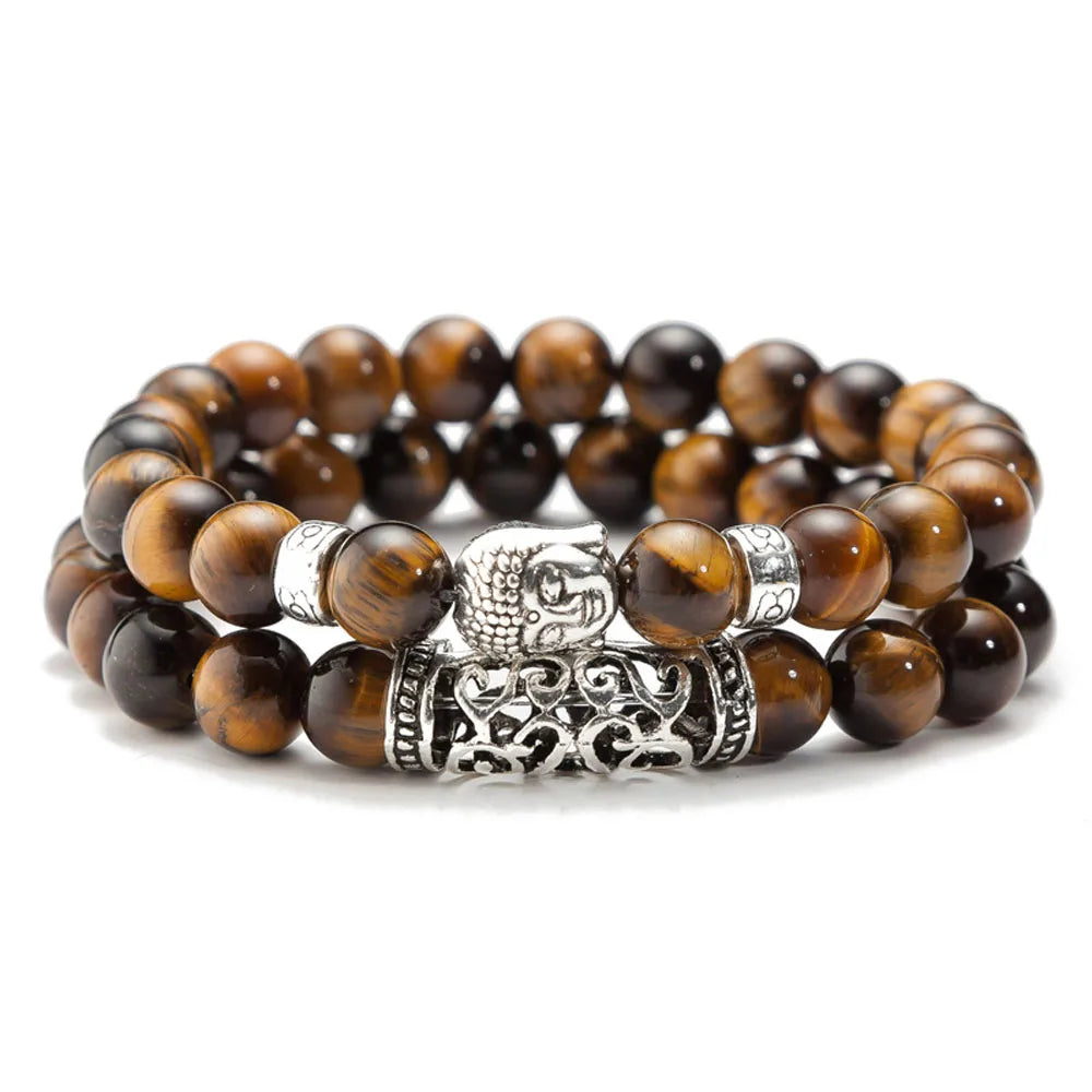2pcs/Set Black Lava Stone Prayer Beads Buddha Men Bead Bracelet