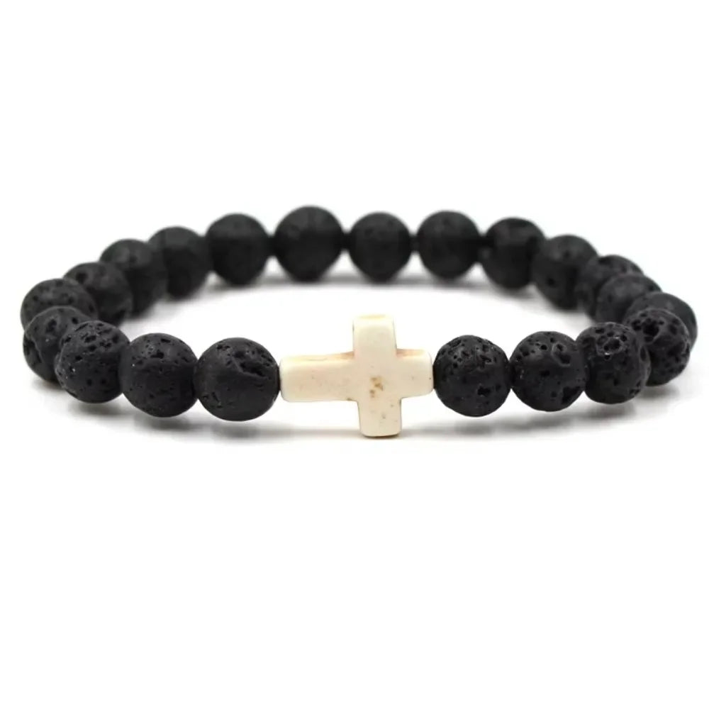 Handmade Natural Stone Cross Black Lava Beaded Strand Bracelet