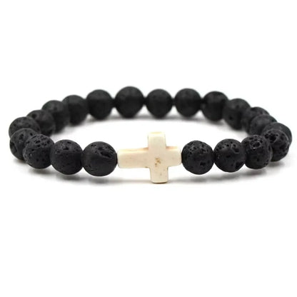 Handmade Natural Stone Cross Black Lava Beaded Strand Bracelet