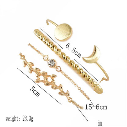 5Pcs Punk Chain Moon Leaf Crystal Geometry Open Bracelet Set