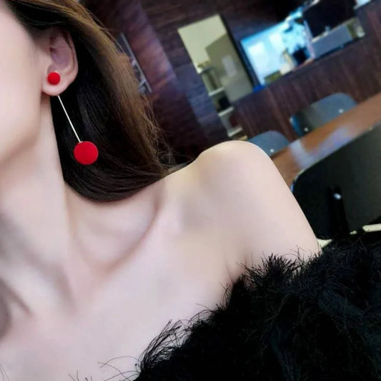Velvet Red Black Round Tassel Drop Earrings