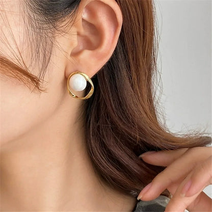 Gold Color Delicate Irregular Design Unusual Imitation Pearl Round Stud Earrings