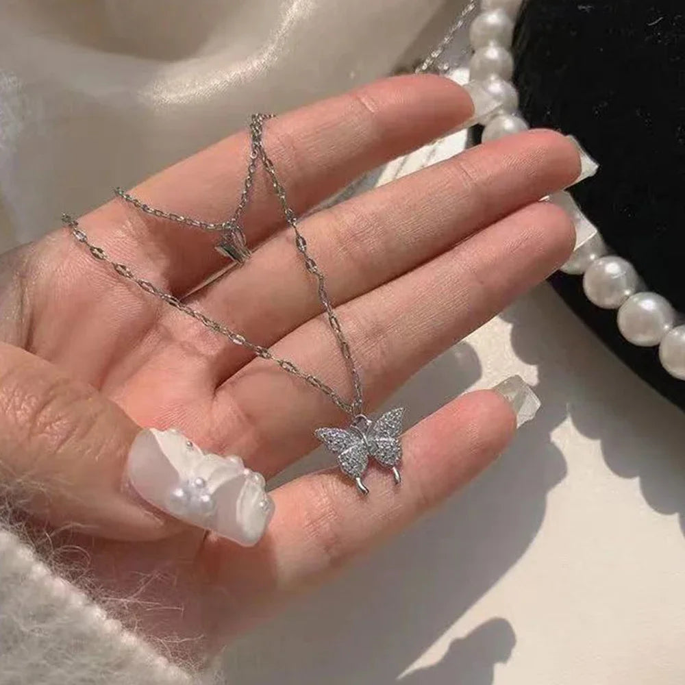 Simple Double Layer Star Moon Charm Necklace