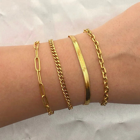 4 Pcs New Trendy Classic Golden Twist Cuban Snake Chain Bracelets